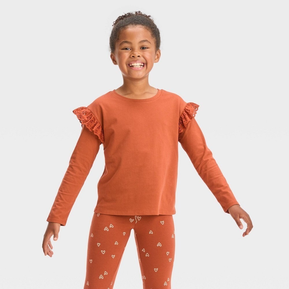 Cat & Jack Girls Long Sleeve Eyelet‎ T-Shirt Chestnut Orange Size M (8) NEW